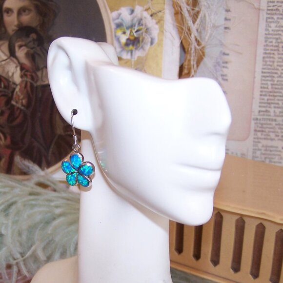Vintage Sterling Silver Lab Opal Inlay Dangle Earrings - Daisy Design - Picture 1 of 8